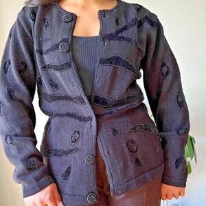 vtg black beaded long‎ sleeve cardigan sweater designer Jack B quick Medium